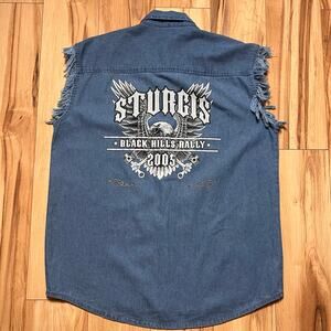 VINTAGE Y2K 2005 Sturgis Motorcycle Rally Cutoff Denim Shirt Size M Biker